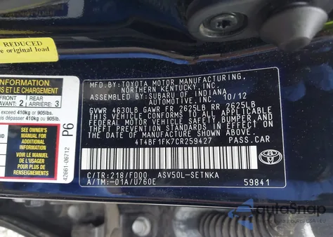 2012 Toyota Camry Se/Le/Xle from USA, damaged, VIN 4T4BF1FK7CR259427